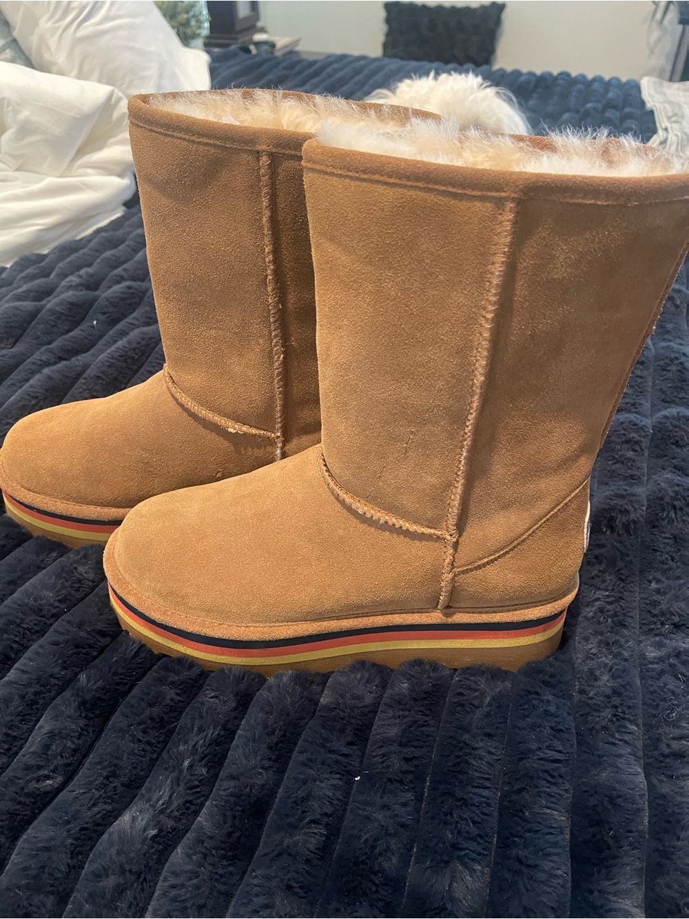 BearPaw Tan Suede Fleece-Lined Winter Boots with Rainbow-Trim Sole